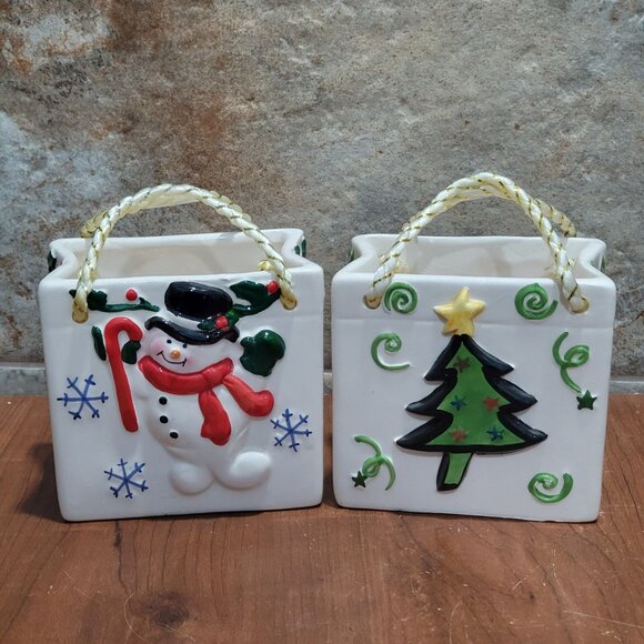 Ceramic Christmas Tree Snowman Gift Candy Bag Lot of 2 - Picture 1 of 12